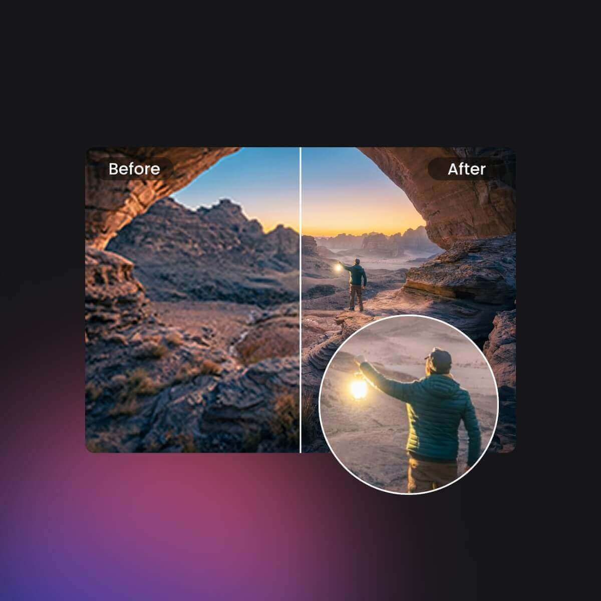 Imagen comparativa de video limpio y video borroso que muestra a un hombre de pie en el Gobi con una lámpara