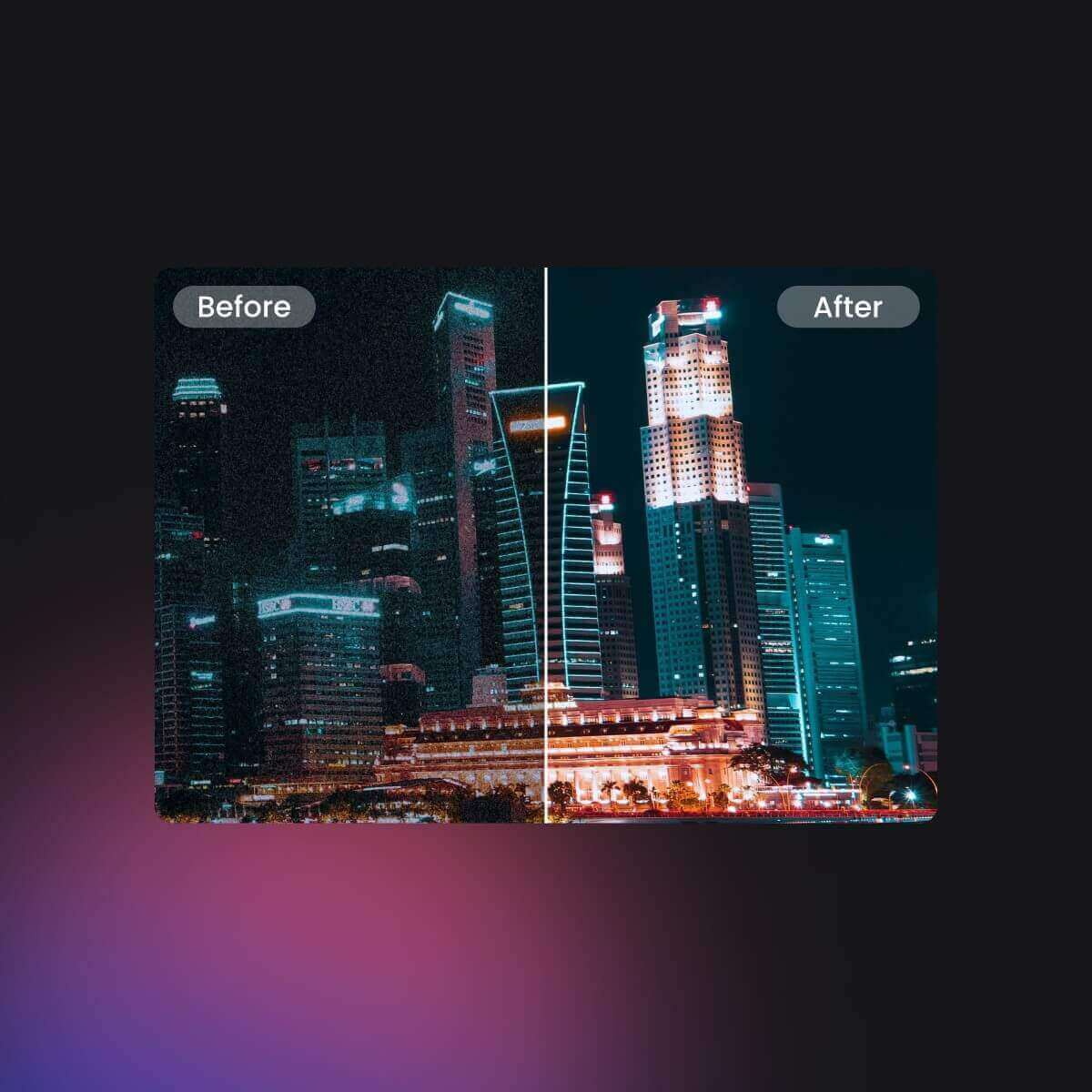 Comparación de una escena nocturna urbana oscura y ruidosa y una escena nocturna bien iluminada