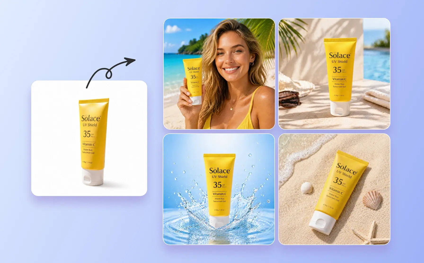 Fotor smart AI listing featuring generating different showcase scenes for a sunscreen gel
