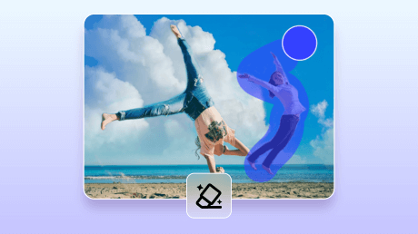 Two people jumping on the beach, with unwanted persons removed using Fotor's removal tool
