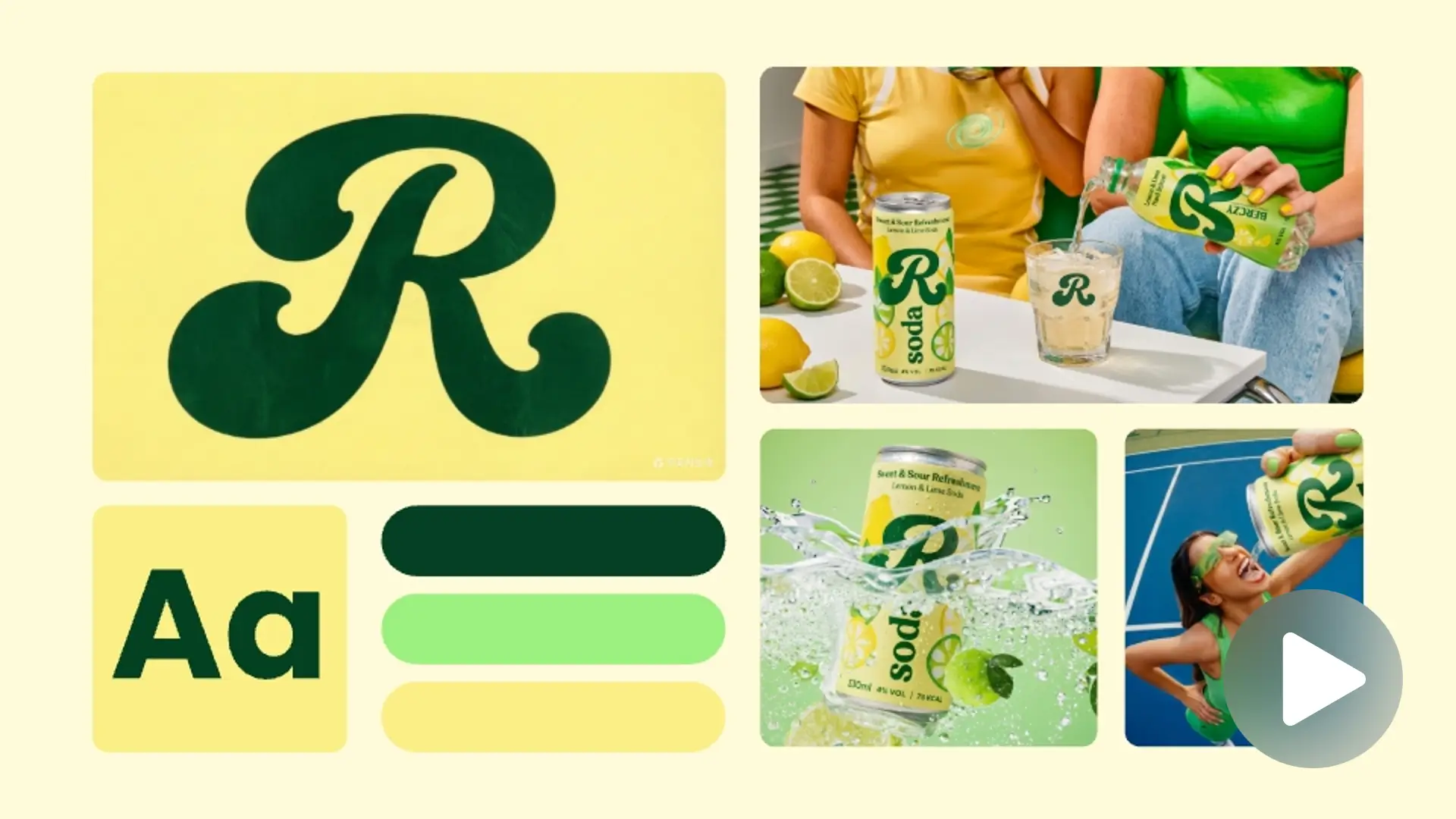 AI brand kit displaying typography, color palettes, and lifestyle product photos for a beverage brand to maintain visual consistency across ads
