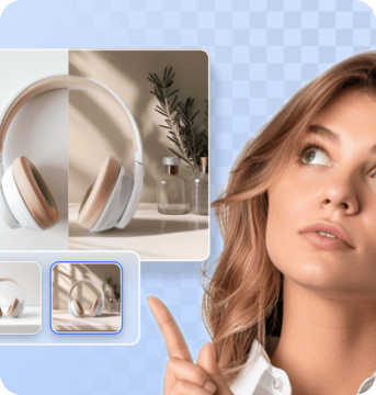 A woman is pointing at the headphones and imagining using the headphones booth, and text to image of the snow-capped mountains.