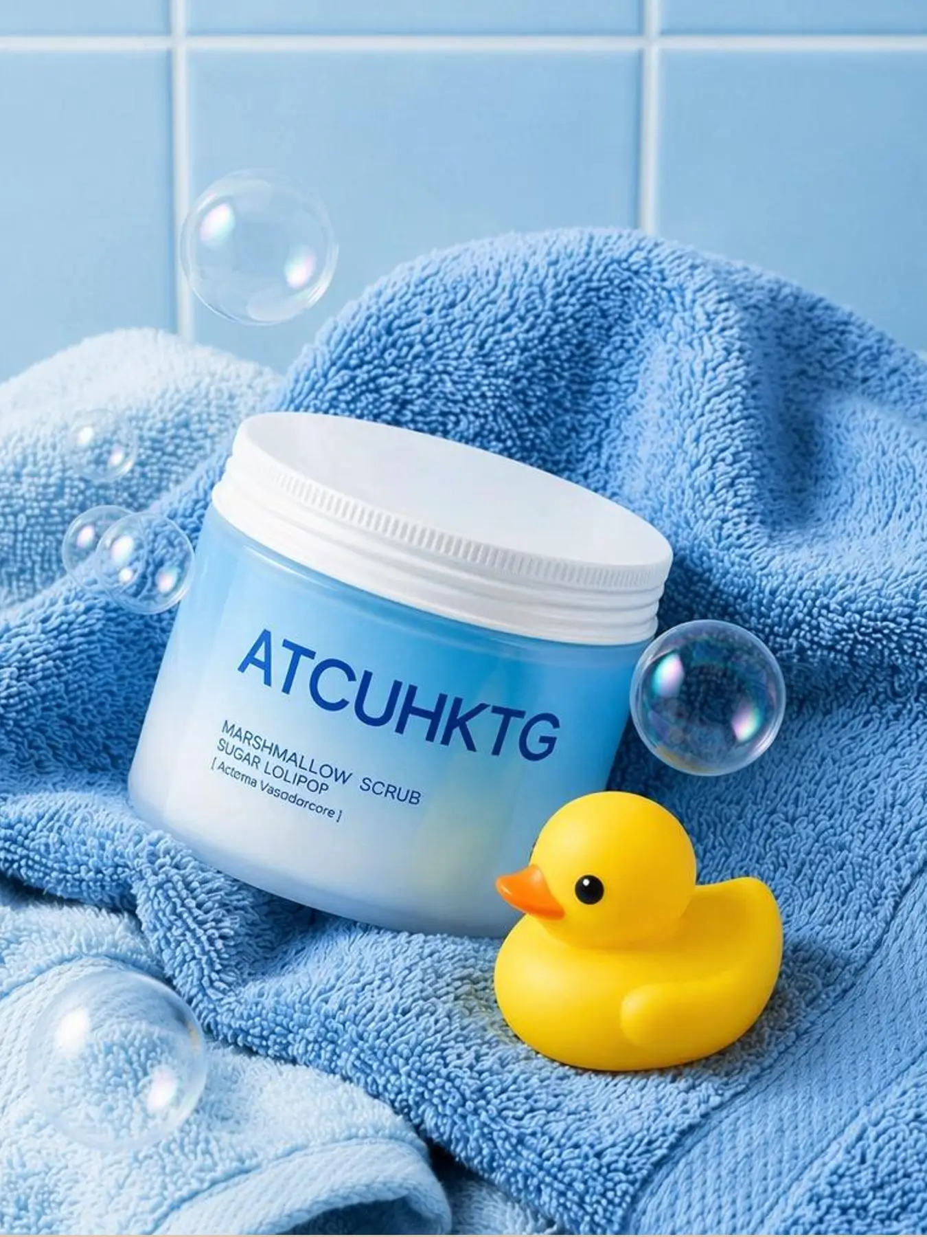 Creative AI product staging of a cosmetic jar resting on a blue towel with a rubber duck and soap bubbles, showcasing lifestyle bathroom scenes
