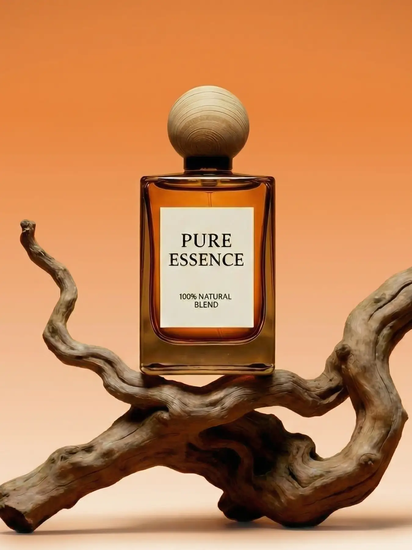 Luxury perfume bottle displayed on driftwood with an orange studio backdrop, demonstrating 3D product staging for cosmetics