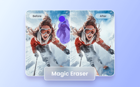 Female skier speeding down the slopes, generated by Fotor's AI, subject removed from behind using Fotor's Object Removal tool