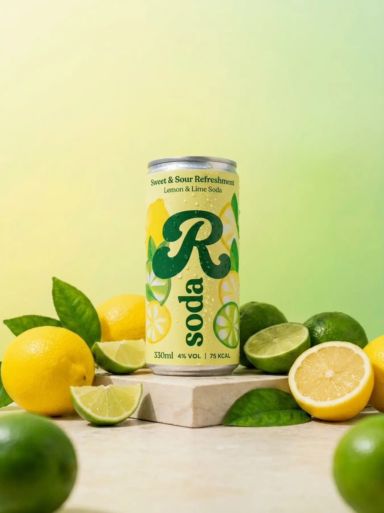 AI-generated product photography of a green soda can surrounded by fresh lemons and limes, showcasing realistic e-commerce scene generation